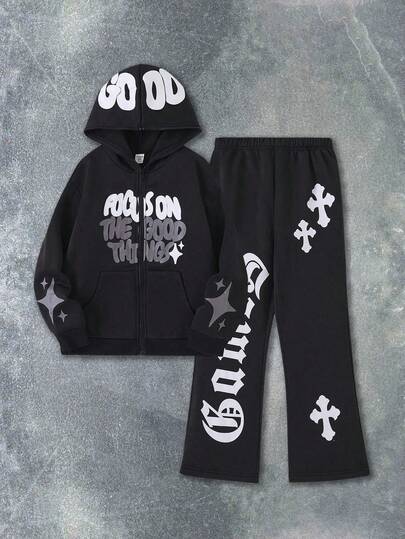 SHEIN Coolqubz 2 件套青少年男孩嘻哈风格字母印花拉链连帽衫和色块裤套装