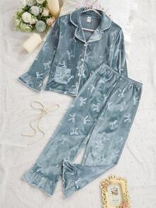 Valentine's Day Plush Butterfly Print Elegant Tween Girl Long Sleeve Cardigan & Pants 2 Pieces Loungewear/Pajama Set - Multicolor - View 7