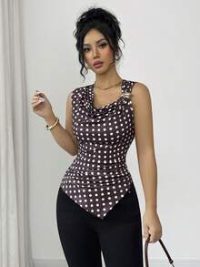 Islaluna Chic Women's Cowl Neck Polka Dot Knitted Tank Top In Brown Asymmetrical Regular Length Casual Style - Brown - View 5