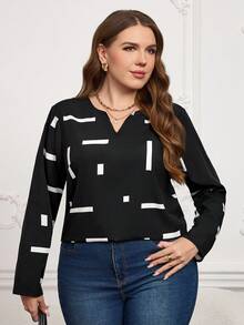 Miaspire Camisa Casual de Manga Longa Feminina com Decote em V e Estampa Geométrica em Plus Size, Primavera/Verão - Preto e Branco - Visão 5