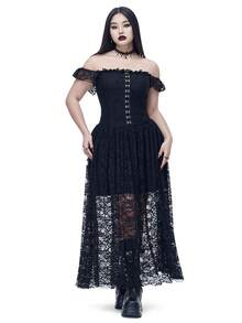 Coolane Plus Size Spring/Summer  Vintage Chic Date Night Punk Goth Y2K Rave Outfit Renaissance Fair Club Outfits Black Lace Off The Shoulder Long Dress - Black - View 1