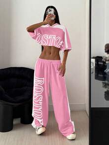 StreetHx 2pcs/Set Women Printed Contrast Color Crop Top + Sweatpants Lounge Wear Set - Multicolor - View 7