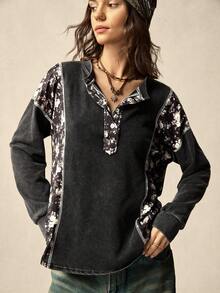 SoleilVie 女士拼接碎花落肩长袖纽扣半开襟休闲宽松卫衣 - 黑色 - 查看 5