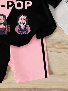Bộ 2 món/Bộ áo thun cổ tròn tay ngắn in họa tiết hoạt hình K-POP thường ngày cho bé gái, trang phục dệt kim thoải mái để mặc hàng ngày và ngày lễ - Nhiều màu - Xem 4