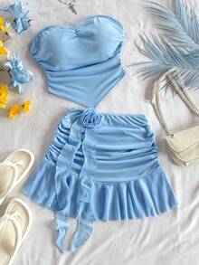 Soleia 2 件套女士纯色褶皱抹胸上衣和 3D 花卉装饰迷你裙 - 藍色 - 查看 12