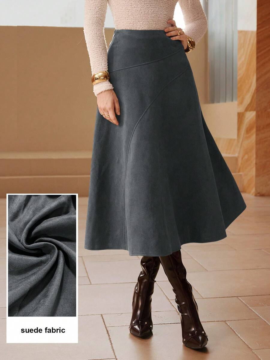 Modelyn Solid Color Faux Suede Flared Elegant Long Skirt For Women - Grey - View 1