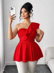 Elenzga 大码女式时尚红色荷叶边衬衫，优雅派对荷叶边吊带上衣，适合返校、毕业典礼、情人节、音乐节、母亲节、万圣节、感恩节、复活节、国庆节、舞会、约会、婚礼、户外活动等场合。 - 紅色 - 查看 1