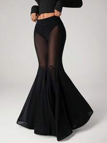SHEIN ICON Women's Sexy Fashionable Sheer Mesh Flare Pants - Black - View 4