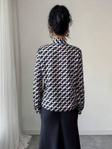 Elenzga 女士优雅印花扭领衬衫，适合工作和通勤，春秋季 - 藏蓝色 - 查看 2