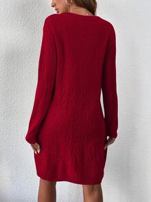SHEIN LUNE Gaun Sweater Rajut Lengan Panjang Warna Polos Kasual untuk Wanita - Merah - View 2
