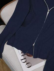 GlowEve Plush Hooded Zip-Up Solid Color Minimalist Cardigan For Women - Navy Blue - View 6