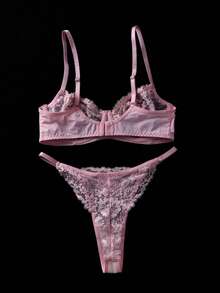 Women's Lace Floral Patchwork Spaghetti Strap Bra Lingerie Set, Sexy - Pink - View 2
