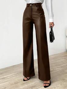 EURMUSE Women's Solid Color Front Button Pocket High Waist Casual Pants, Simple Design For Daily Wear