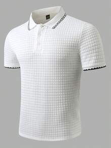 EGENSIO 男士花卉边饰短袖休闲通勤 Polo 衫 - 白色 - 查看 2