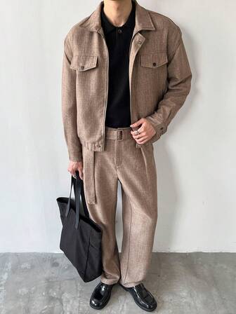 Manfinity Hypemode Herren Einfarbige Reißverschluss Jacke und Hose Freizeitanzug