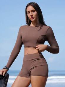 Swim SPRTY Deep Brown Ribbed Knit Long Sleeve Cropped Top & High Waist Pants Sexy Midriff Sporty Fashion Swimsuit Set - Coffee Brown - View 7