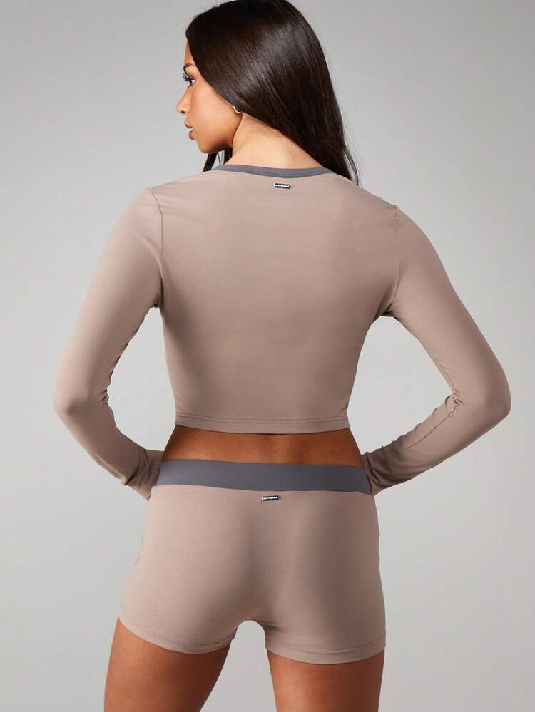 Missguided x Playboy Women Long Sleeve Button Front Crop Top And Shorts Pajama Set With Contrast Trim Detail Sleepwear Loungewear
