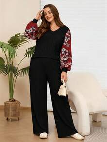 EMERY ROSE 两件套加大码女式碎花拼接长袖上衣和裤子套装，带口袋 - 黑色 - 查看 6