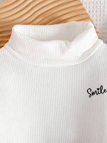 3件装少女休闲日常通勤简约字母印花高领长袖抓绒保暖T恤，秋冬款