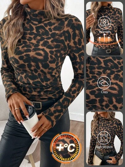 SHEIN Clasi Women's Casual Leopard Print Turtleneck Fitted Long Sleeve T-Shirt, Autumn