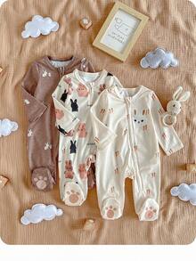 新生女宝宝休闲可爱卡通图案针织长袖连体睡衣 - 彩色 - 查看 8