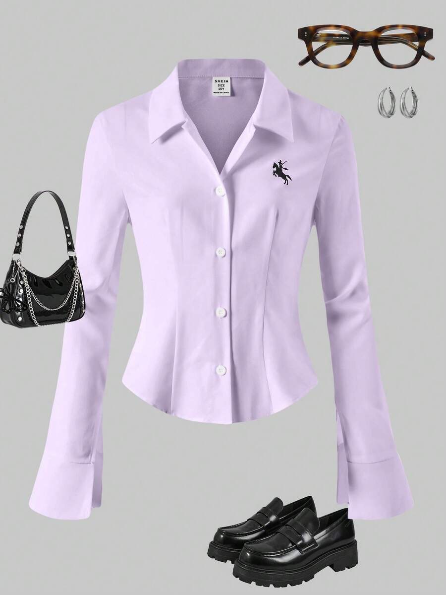SHEIN Tween Girls' Printed Fitted Button-Down Long Sleeve Casual Shirt, Fall Tops - Purple - View 1