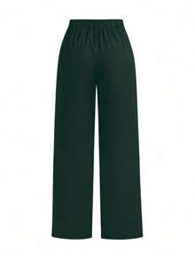 SHEIN LUNE Pantaloni eleganti da ufficio a gamba larga, taglia comoda, con design a righe a spina di pesce, in colore unito, per donne formose - Verde Scuro - Visualizzare 2