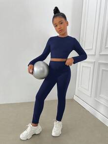 SHEIN 少女纯色露背运动套装，青少年女孩运动服，年轻女孩紧身裤套装，适合日常、户外、休闲运动 - 藏蓝色 - 查看 2