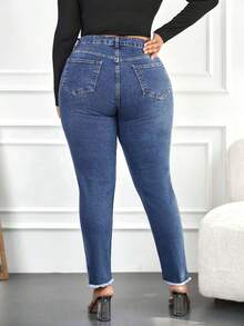 SHEIN Cottnline 大碼女士帶口袋修身牛仔褲 - 淺色水洗藍 - 查看 2