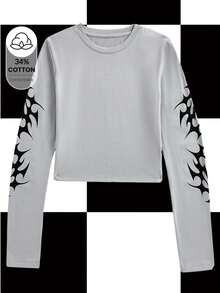 Shutterstock Y2Kool 女士Y2K荆棘印花长袖紧身上衣搭配灵感，冬季时尚服装系列，新年穿搭，纯棉材质 - 灰色 - 查看 1