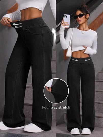 SHEIN PETITE Women's Solid Color Elastic Casual Wide-Leg Jeans