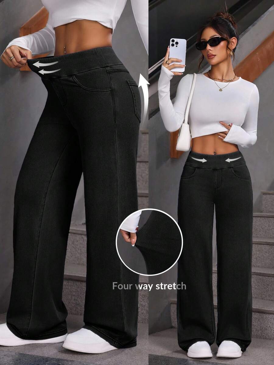 SHEIN PETITE Women's Solid Color Elastic Casual Wide-Leg Jeans - Black - View 1