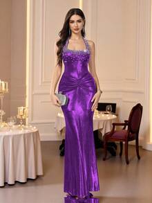 Coutiva Women's Rhinestone & Faux Pearl Decor Ruched Formal Evening Gown,Elegant Purple Velvet Sequin Floral Dress For Wedding,Dinner Party & Graduation Ball - Purple - View 7