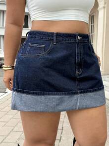 SHEIN ICON Chân váy chữ A denim ôm cạp cao cỡ lớn có viền bo lên - Rửa tối - Xem 7