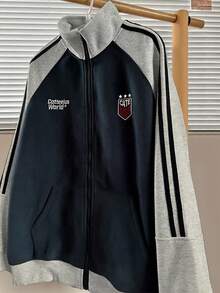 Lalippa 女士休闲运动学院风字母刺绣撞色条纹侧插肩袖拉链卫衣 - 彩色 - 查看 4