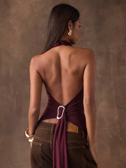 SHEIN BAE Women's Fashion Sexy Solid Color Backless Metallic-Embellished Draped Red Halter Tank Top Perfect For Casual Wear, This Fashion Backless Tank Is Ideal For Year-Round Styling. Red Tank Top.,Tank Top