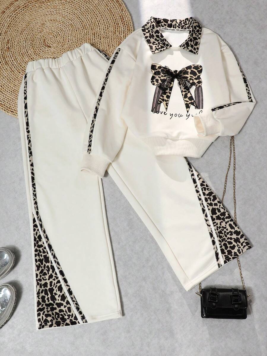 SHEIN Tween Girls Leopard Print Bow Sweatshirt & Sweatpants Set - Apricot - View 1