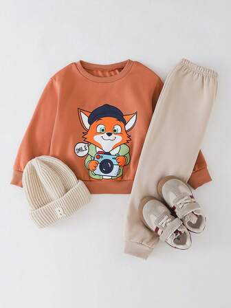 THE HAPPY LOOK 2pcs/Set Young Boy Cartoon Fox Pattern Knit Soft Crew Neck Long Sleeve Pullover Sweatshirt And Elastic Waist Long Pants