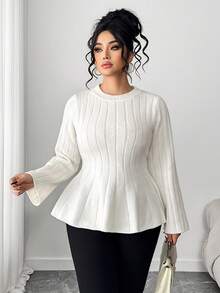 Elenzga Pulover mărime mare, guler rotund, siluetă linie A, tricotaj gros, top culoare uni, toamnă/iarnă - alb - Vizualizare 6
