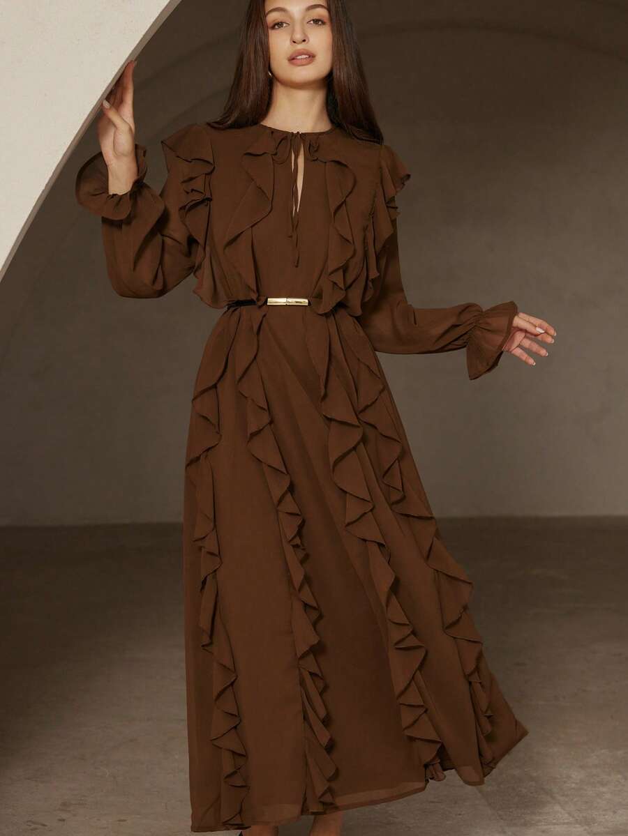 Revavyn Elegant Multi-Layer Ruffle Pearl Chiffon Long Sleeve Dress - Brown - View 1