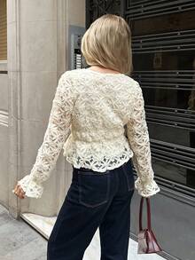 SHEIN Frenchy Women's Elegant French-Style Fitted Waist Solid Color 3D Floral Long-Sleeved Blouse, Spring Women's Clothing, Summer Women's Clothing, Beachwear, Outdoor Top, Women's Elegant Blouse, Women's Vacation Wear, Women's White Top,Valentine Clothes ,Summer Holiday Outfits Resort - Apricot - View 8