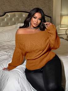 NU&NOW Plus Size Women Solid Color Off-Shoulder Cable Knit Pullover Sweater - Orange - View 5