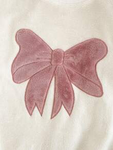 女童冬季套装，可爱蝴蝶结刺绣圆领宽松长袖抓绒上衣搭配蝴蝶结爱心印花宽松睡裤，蝴蝶结睡衣套装，配套睡衣套装，儿童蝴蝶结睡衣，柔软睡衣套装，蝴蝶结睡衣 - 粉色 - 查看 4