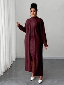 Maweii 大码女式纯色绞花针织优雅连衣裙开衫两件套 - 酒紅色 - 查看 5
