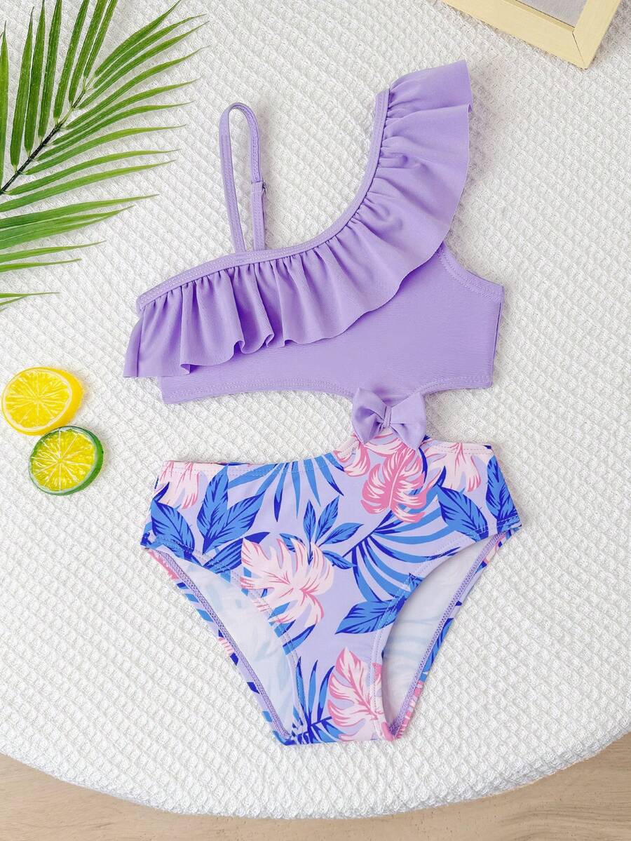 SHEIN Đồ bơi liền thân họa tiết dây mảnh bèo nhún bất đối xứng đính nơ rỗng cho bé gái, mùa hè - Nhiều màu - Xem 1