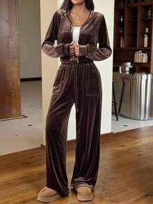 Muchica 天鹅绒抽绳连帽拉链上衣和阔腿裤，秋季两件套服装