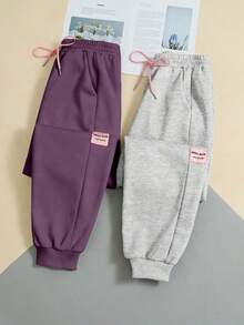 INAWLY 女士纯色贴花休闲抽绳腰束脚裤 - 紫色 - 查看 1