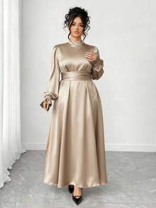 Elenzga Áo choàng cổ lọ tối giản màu trơn cỡ lớn thanh lịch - Màu be - Xem 4