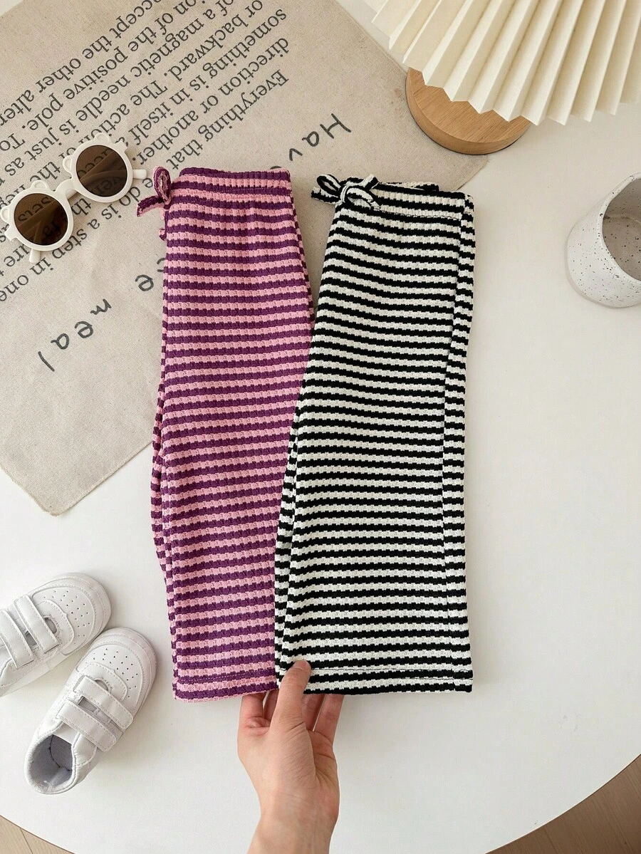 SHEIN Babygirl Cute Loose Knit Striped Elastic Waist Pants, Versatile All-Match Style Suitable For Indoor, Outdoor Skiing, Daily Wear, Sports, Play, Party, Photography, Christmas And Other Occasions, Autumn/Winter - Multicolor - View 1