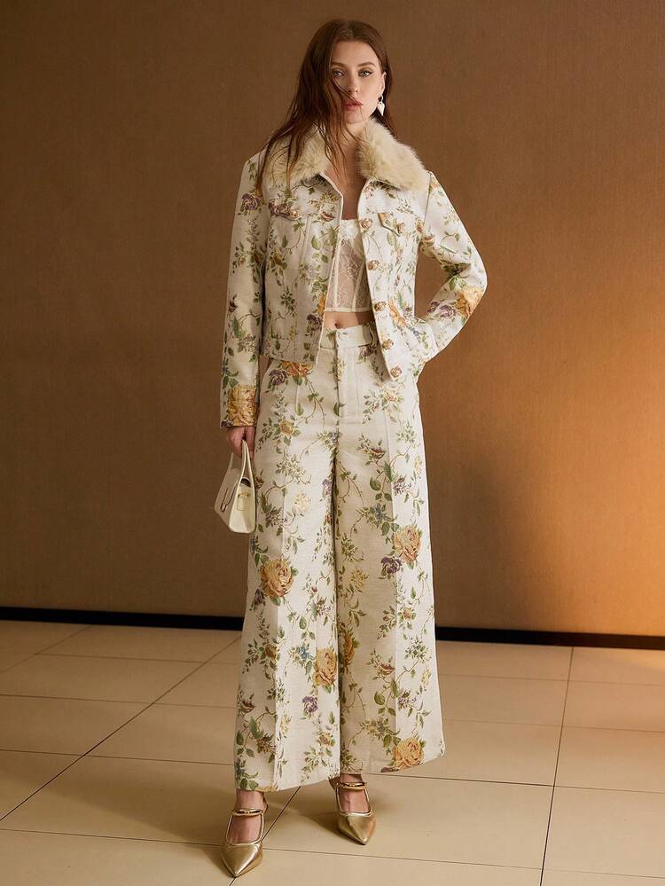WOMEN'S JACQUARD FLORAL PRINT SEAM FRONT WIDE LEG SUIT PANTS